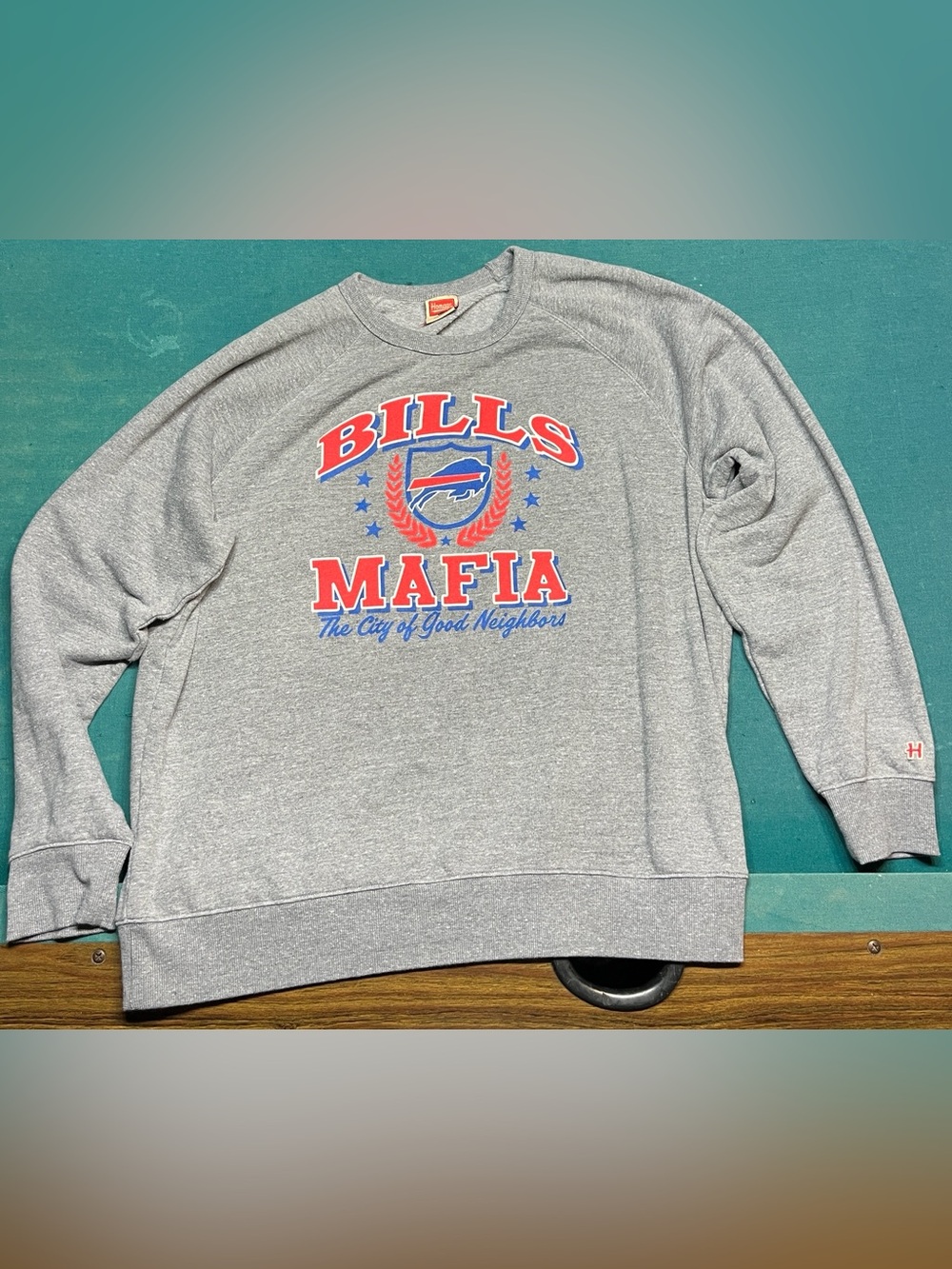 HOMAGE Gray Crewneck Sweatshirt with Red & Blue Bills Graphic